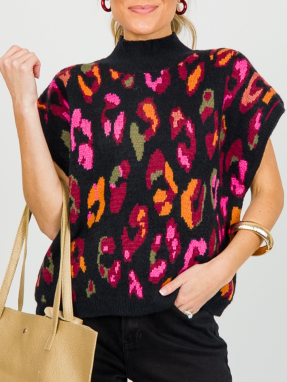 entro Black Sweater Poncho with Pink, Orange & Olive Leopard Print
